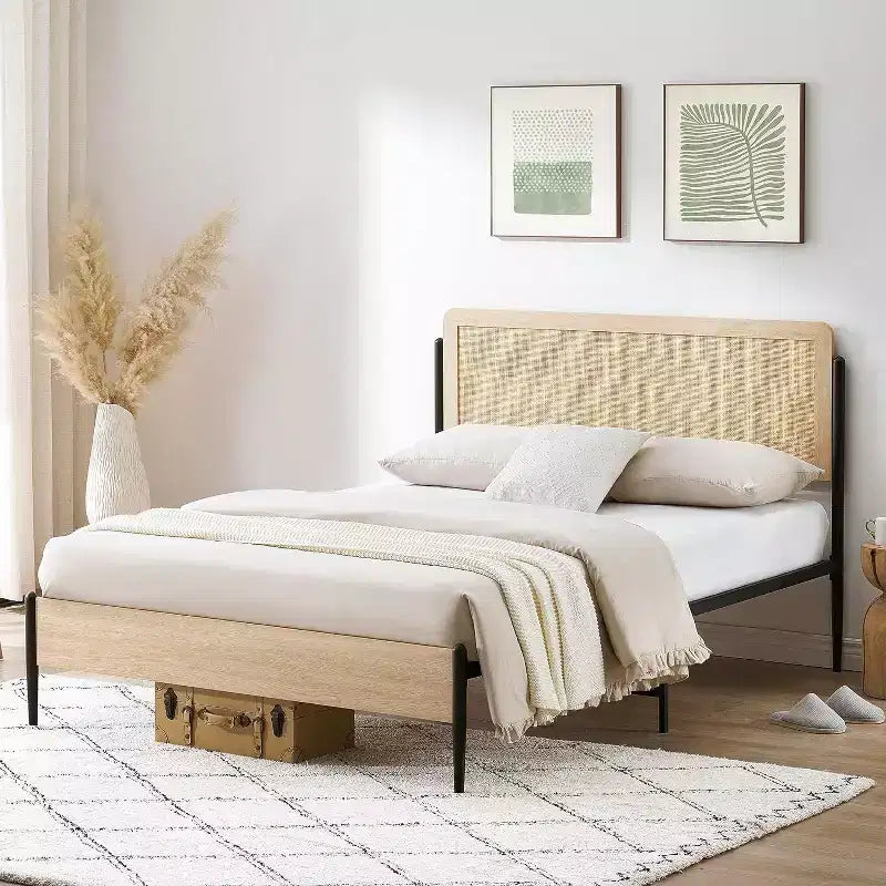 Queen Rattan Headboard Bed Frame, Rounded Corners, Noise-Free, Strong Metal Slats Support, Mattress Foundation, No Box Spring, White Oak