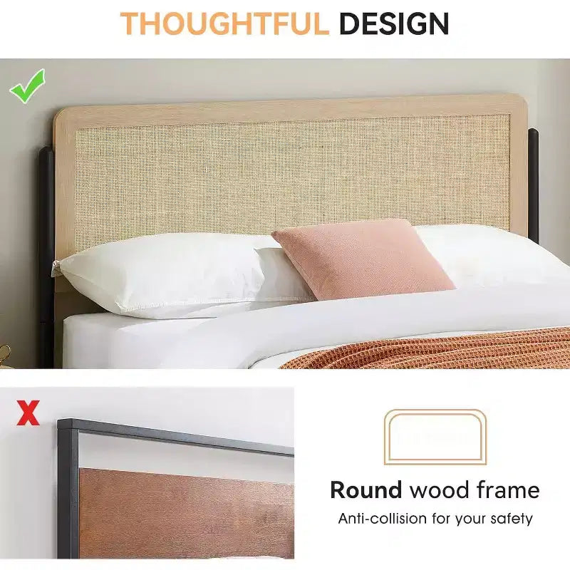Queen Rattan Headboard Bed Frame, Rounded Corners, Noise-Free, Strong Metal Slats Support, Mattress Foundation, No Box Spring, White Oak