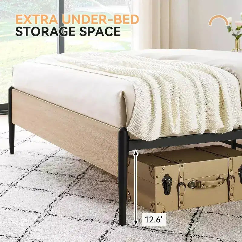 Queen Rattan Headboard Bed Frame, Rounded Corners, Noise-Free, Strong Metal Slats Support, Mattress Foundation, No Box Spring, White Oak