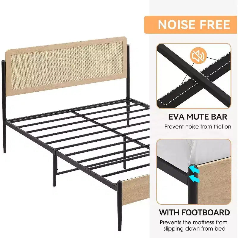 Queen Rattan Headboard Bed Frame, Rounded Corners, Noise-Free, Strong Metal Slats Support, Mattress Foundation, No Box Spring, White Oak