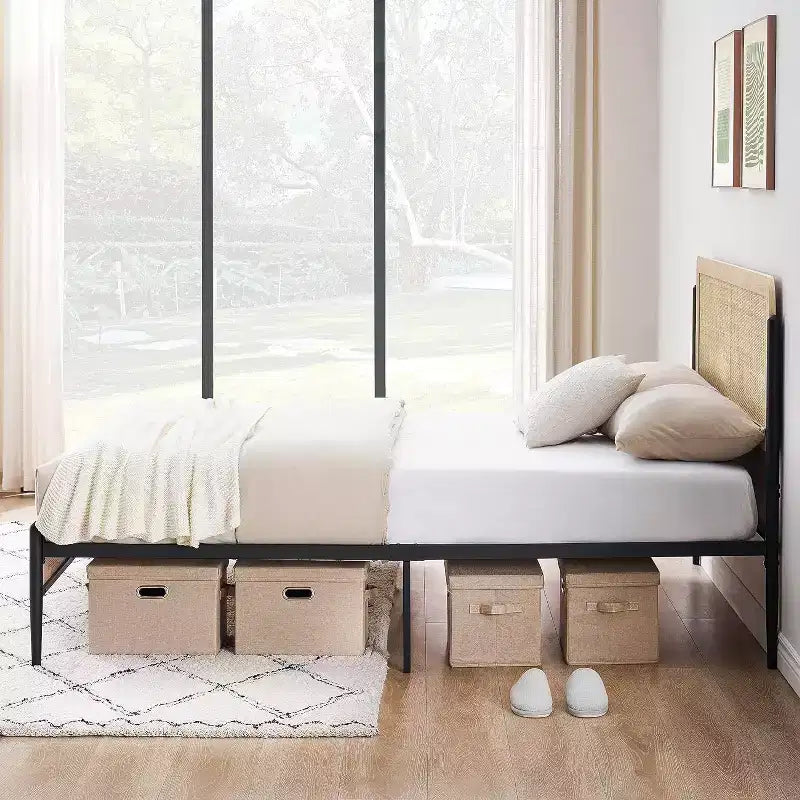 Queen Rattan Headboard Bed Frame, Rounded Corners, Noise-Free, Strong Metal Slats Support, Mattress Foundation, No Box Spring, White Oak