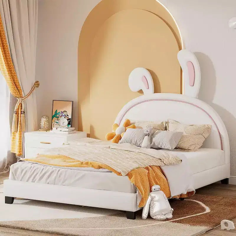 Full Size Bed Frame, Bed Frame with Rabbit Ornament for Kids, Upholstered Leather Platform Bed with Ears Headboard, Easy Assembly, White
