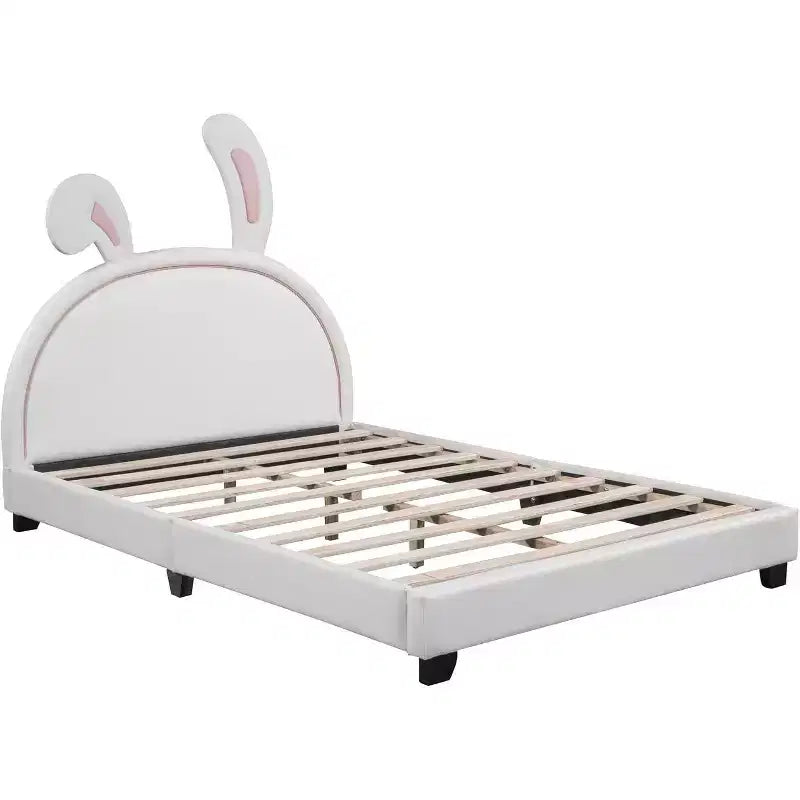 Full Size Bed Frame, Bed Frame with Rabbit Ornament for Kids, Upholstered Leather Platform Bed with Ears Headboard, Easy Assembly, White