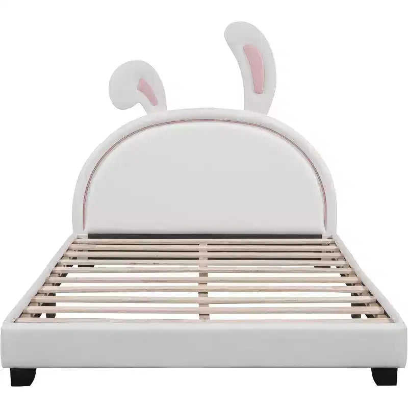Full Size Bed Frame, Bed Frame with Rabbit Ornament for Kids, Upholstered Leather Platform Bed with Ears Headboard, Easy Assembly, White