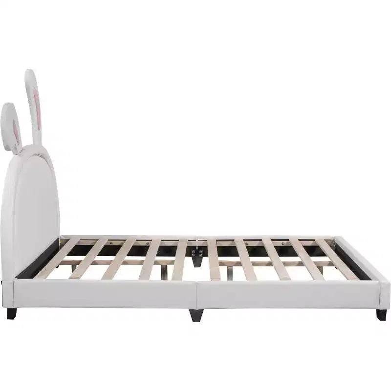 Full Size Bed Frame, Bed Frame with Rabbit Ornament for Kids, Upholstered Leather Platform Bed with Ears Headboard, Easy Assembly, White