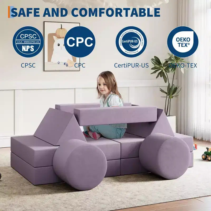 GustoWave Kids Modular Play Couch With Washable Velvet Covers, 13 Pcs Building Fort Toddler Sofa, Convertible Foam Floor Chair