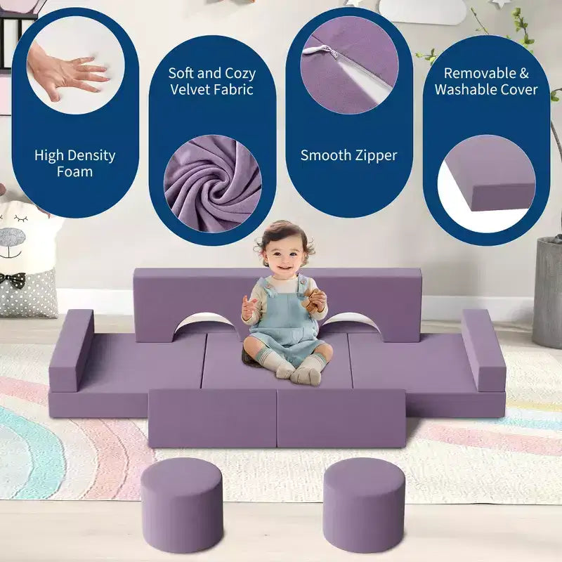 GustoWave Kids Modular Play Couch With Washable Velvet Covers, 13 Pcs Building Fort Toddler Sofa, Convertible Foam Floor Chair