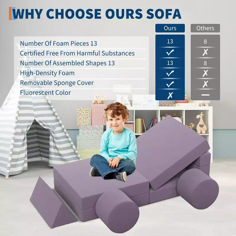GustoWave Kids Modular Play Couch With Washable Velvet Covers, 13 Pcs Building Fort Toddler Sofa, Convertible Foam Floor Chair