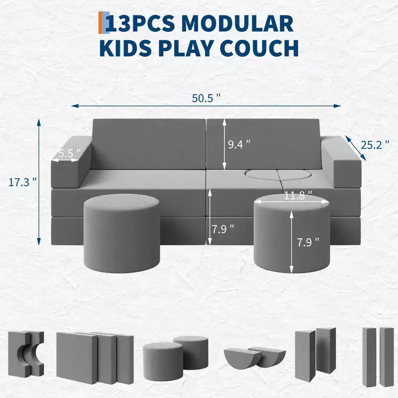 GustoWave Kids Modular Play Couch With Washable Velvet Covers, 13 Pcs Building Fort Toddler Sofa, Convertible Foam Floor Chair