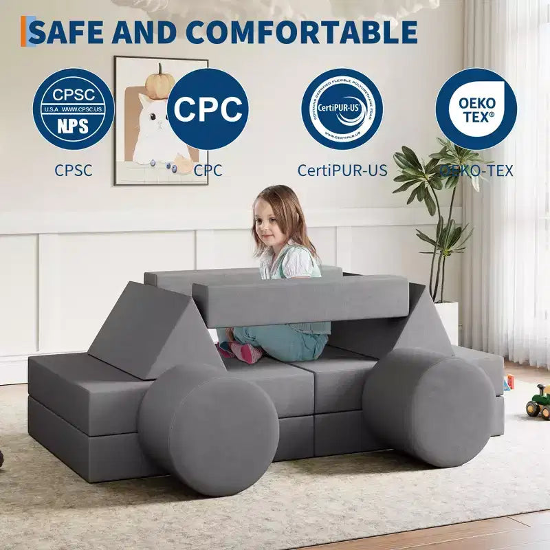 GustoWave Kids Modular Play Couch With Washable Velvet Covers, 13 Pcs Building Fort Toddler Sofa, Convertible Foam Floor Chair
