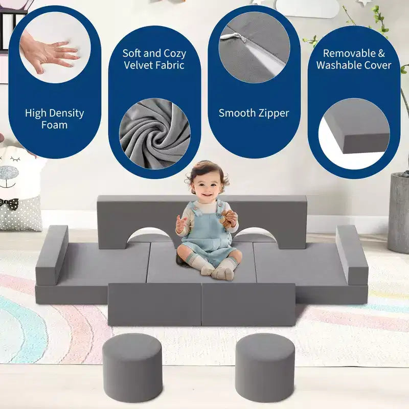 GustoWave Kids Modular Play Couch With Washable Velvet Covers, 13 Pcs Building Fort Toddler Sofa, Convertible Foam Floor Chair