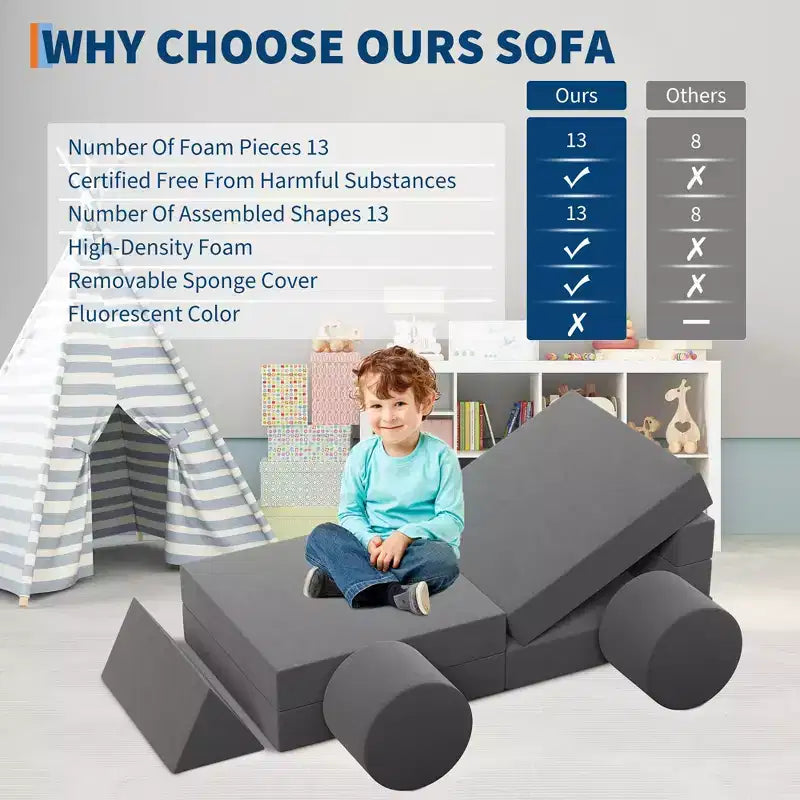 GustoWave Kids Modular Play Couch With Washable Velvet Covers, 13 Pcs Building Fort Toddler Sofa, Convertible Foam Floor Chair