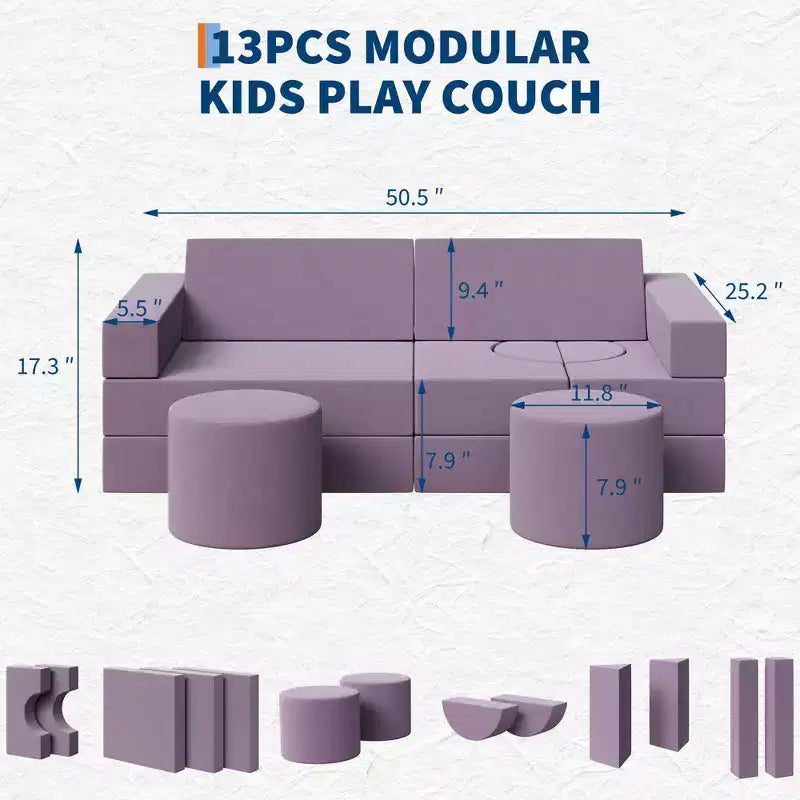 GustoWave Kids Modular Play Couch With Washable Velvet Covers, 13 Pcs Building Fort Toddler Sofa, Convertible Foam Floor Chair