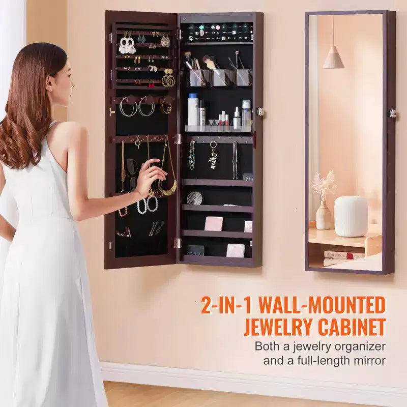 VEVOR Mirror Jewelry Cabinet, 42.52-Inch Tall Lockable Jewelry Cabinet Armoire with Full-Length Mirror, Wall or Door Mounted Jewelry Mirror, Brown