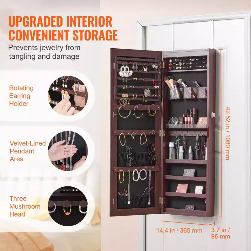 VEVOR Mirror Jewelry Cabinet, 42.52-Inch Tall Lockable Jewelry Cabinet Armoire with Full-Length Mirror, Wall or Door Mounted Jewelry Mirror, Brown