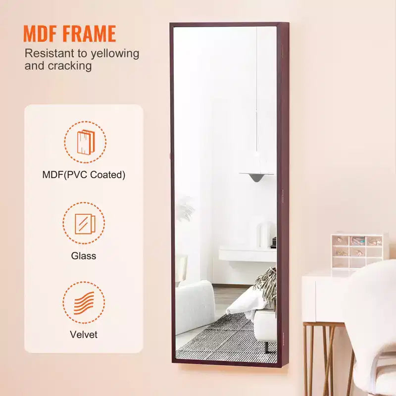 VEVOR Mirror Jewelry Cabinet, 42.52-Inch Tall Lockable Jewelry Cabinet Armoire with Full-Length Mirror, Wall or Door Mounted Jewelry Mirror, Brown