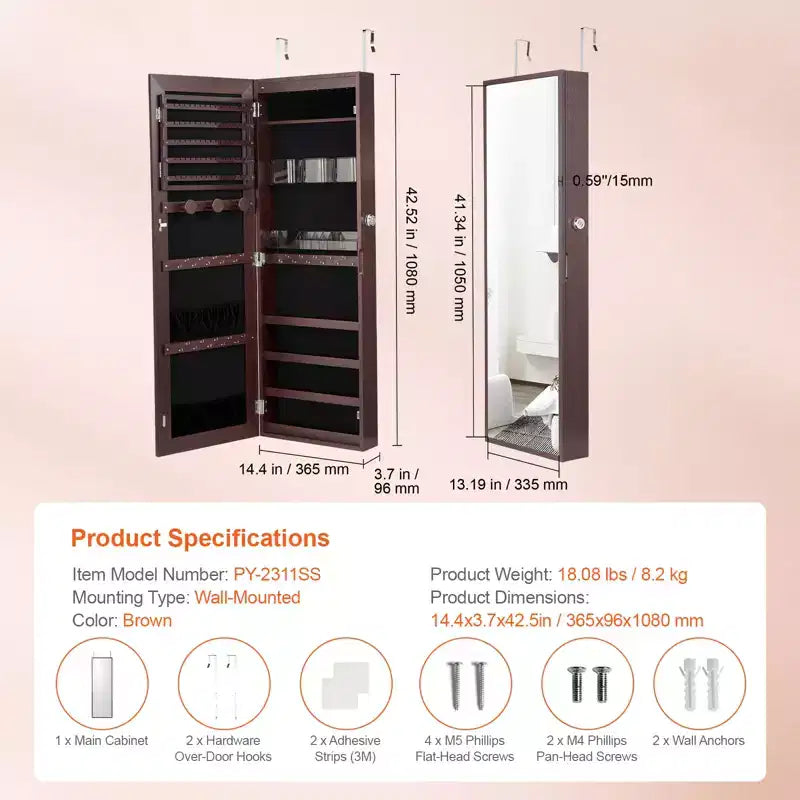 VEVOR Mirror Jewelry Cabinet, 42.52-Inch Tall Lockable Jewelry Cabinet Armoire with Full-Length Mirror, Wall or Door Mounted Jewelry Mirror, Brown