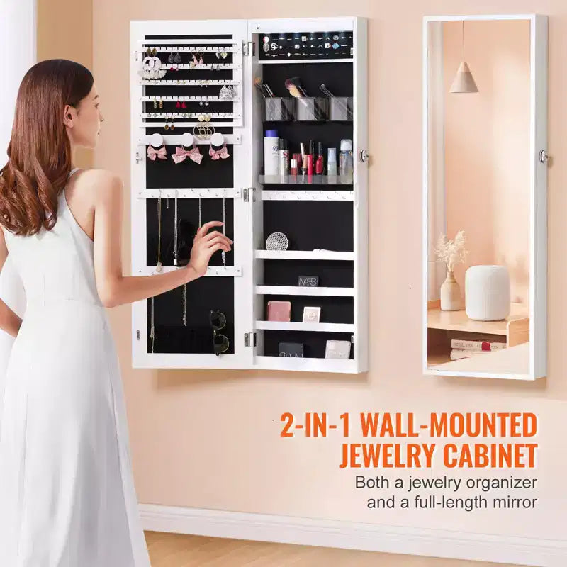 VEVOR Mirror Jewelry Cabinet, 42.52-Inch Tall Lockable Jewelry Cabinet Armoire with Full-Length Mirror, Wall or Door Mounted Jewelry Mirror, White