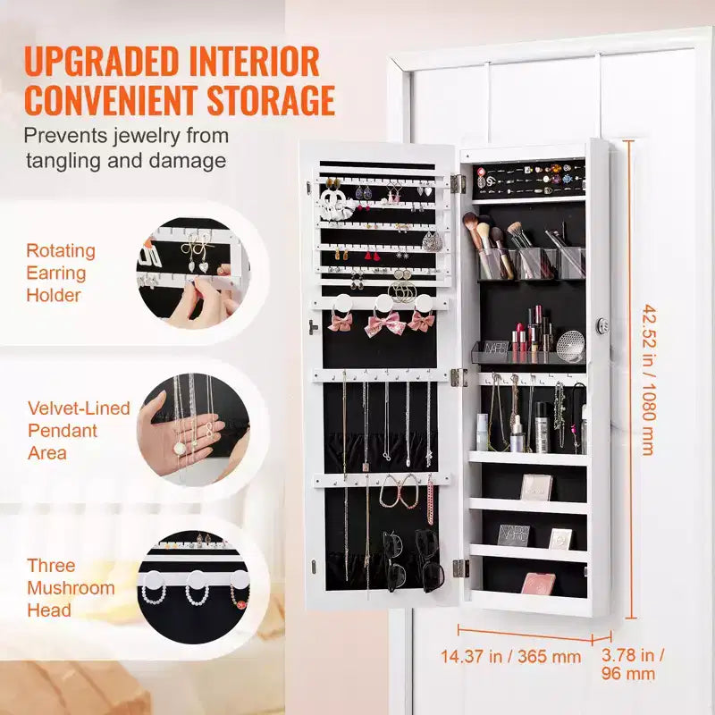 VEVOR Mirror Jewelry Cabinet, 42.52-Inch Tall Lockable Jewelry Cabinet Armoire with Full-Length Mirror, Wall or Door Mounted Jewelry Mirror, White