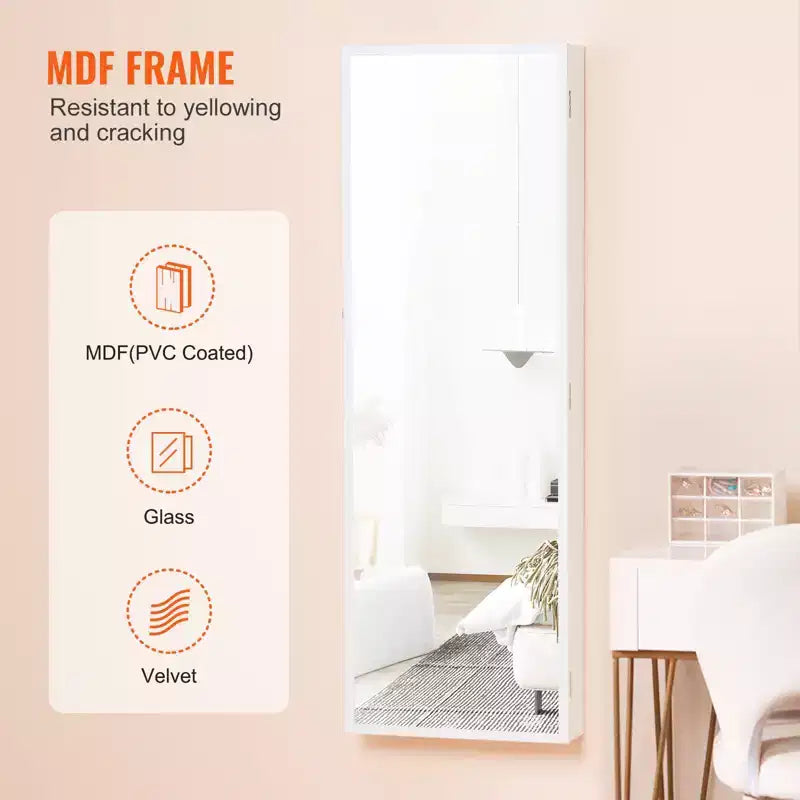 VEVOR Mirror Jewelry Cabinet, 42.52-Inch Tall Lockable Jewelry Cabinet Armoire with Full-Length Mirror, Wall or Door Mounted Jewelry Mirror, White
