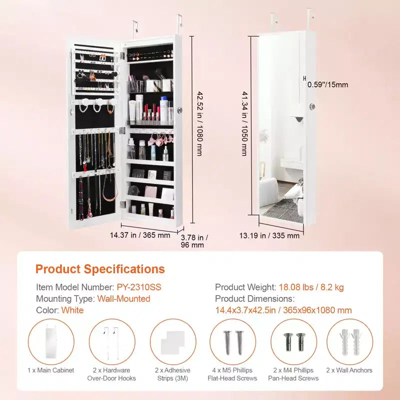 VEVOR Mirror Jewelry Cabinet, 42.52-Inch Tall Lockable Jewelry Cabinet Armoire with Full-Length Mirror, Wall or Door Mounted Jewelry Mirror, White