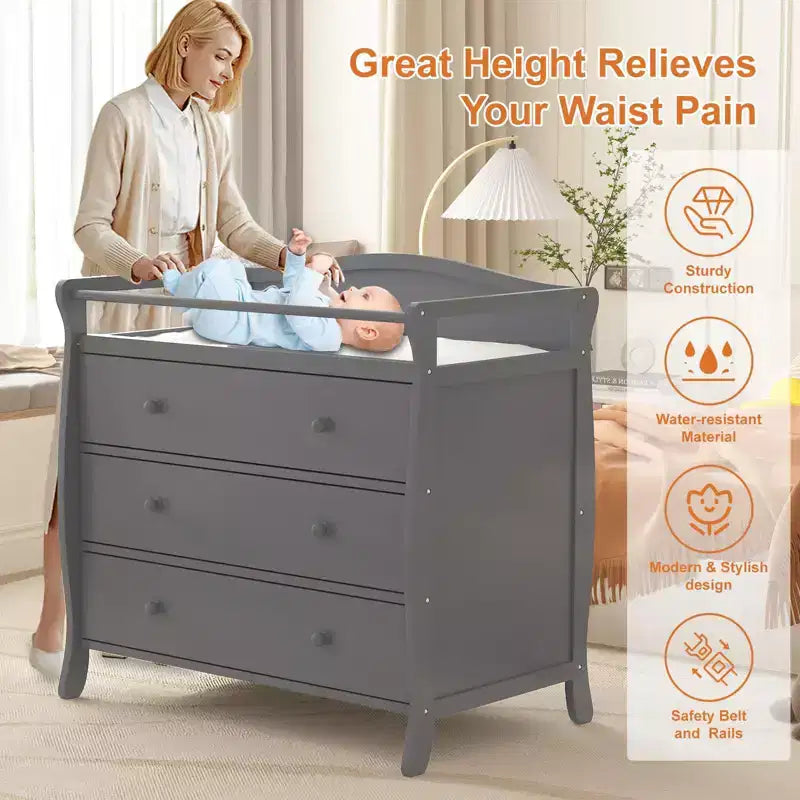3-Drawer Changing Table, Wooden Diaper Changing Table,Infant Diaper Changing Station Dresser with 3 Drawers, Safety Rail & Strap for Bedroom, Nursery