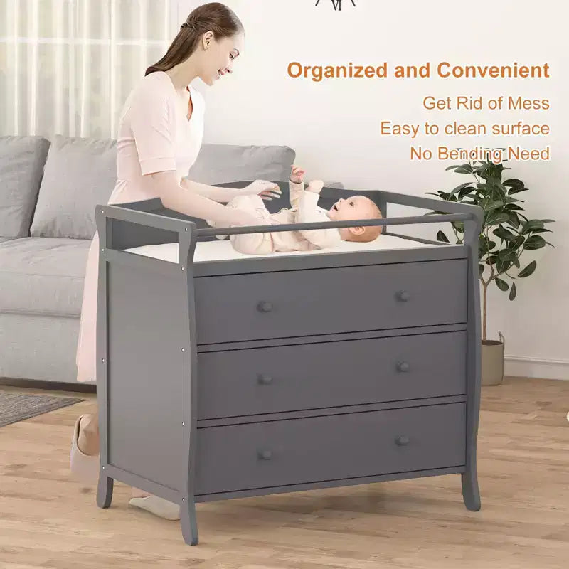 3-Drawer Changing Table, Wooden Diaper Changing Table,Infant Diaper Changing Station Dresser with 3 Drawers, Safety Rail & Strap for Bedroom, Nursery