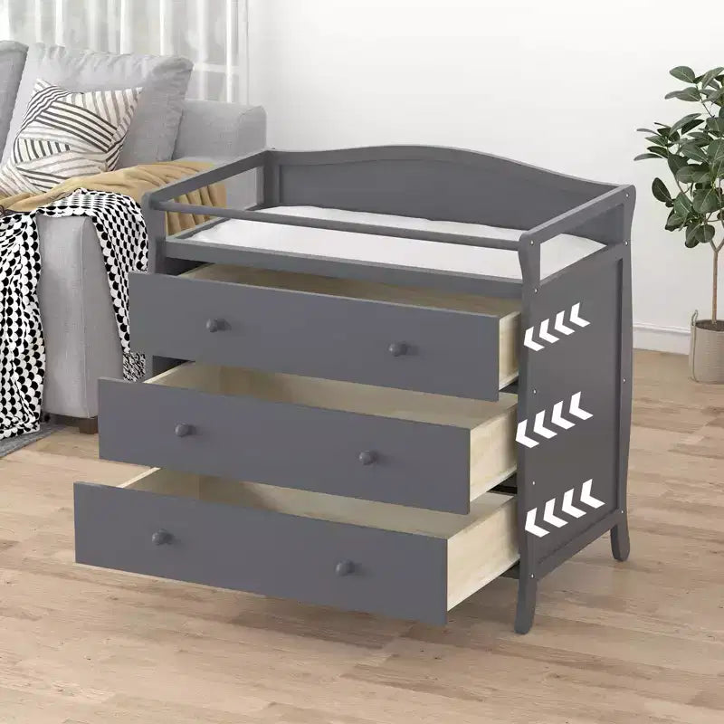 3-Drawer Changing Table, Wooden Diaper Changing Table,Infant Diaper Changing Station Dresser with 3 Drawers, Safety Rail & Strap for Bedroom, Nursery