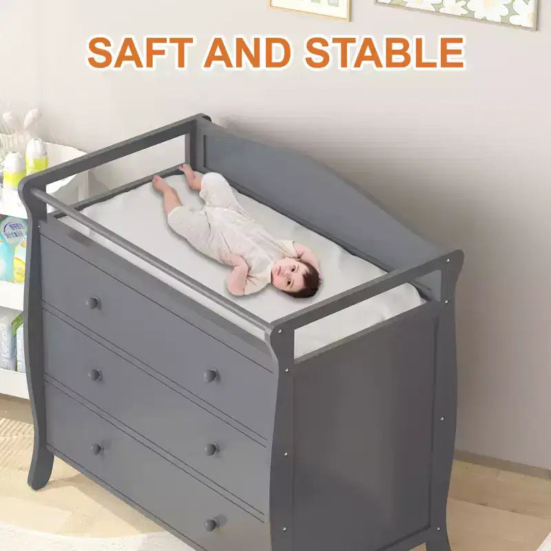 3-Drawer Changing Table, Wooden Diaper Changing Table,Infant Diaper Changing Station Dresser with 3 Drawers, Safety Rail & Strap for Bedroom, Nursery