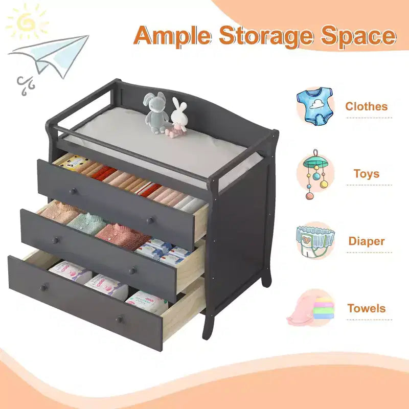 3-Drawer Changing Table, Wooden Diaper Changing Table,Infant Diaper Changing Station Dresser with 3 Drawers, Safety Rail & Strap for Bedroom, Nursery