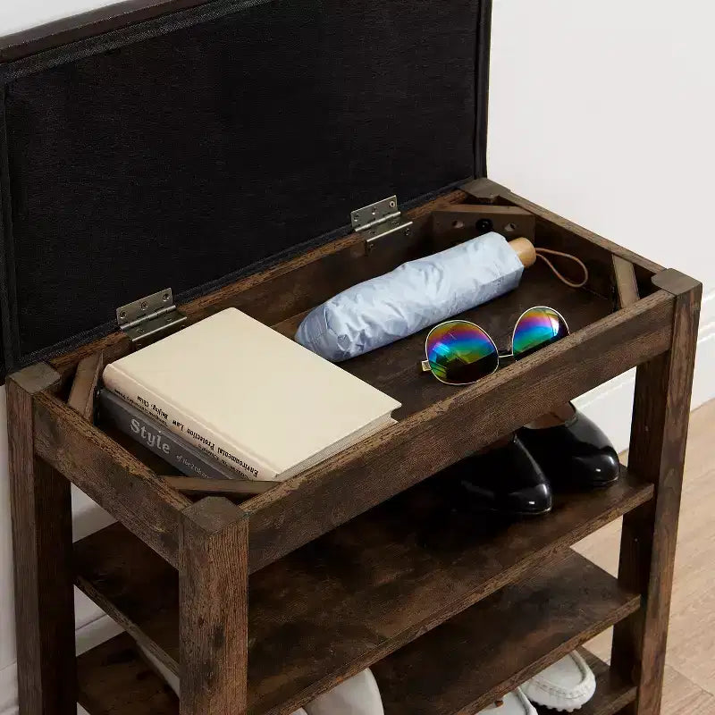 Storage Bench with Cushion, Shoe Changing Bench with Hidden Storage, 3-Tier Shoe Organizer for Entryway - ModernLuxe