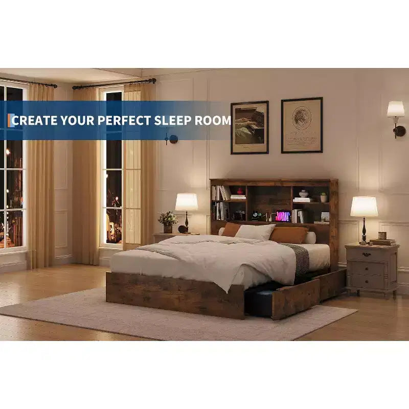 Acekool Full Bed Frame - 51 Storage Headboard with Charging Station