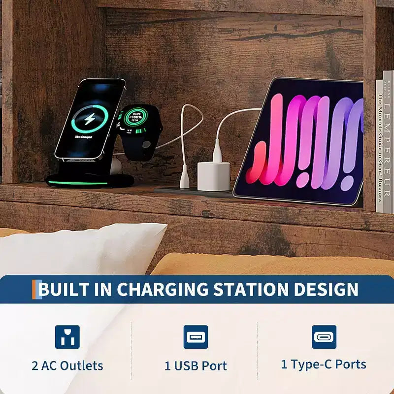 Acekool Full Bed Frame - 51 Storage Headboard with Charging Station