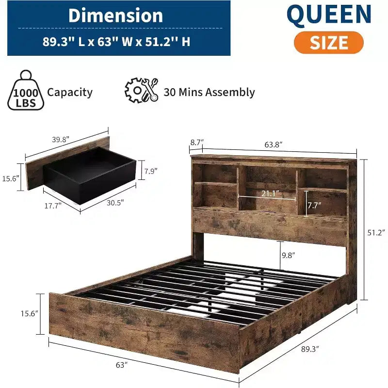 Acekool Full Bed Frame - 51 Storage Headboard with Charging Station