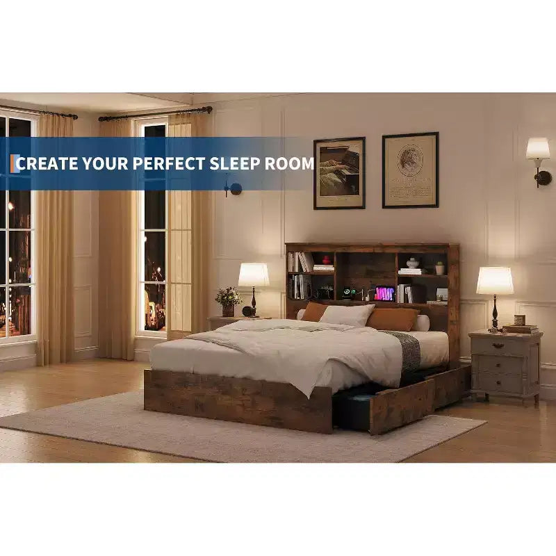 Acekool Full Bed Frame - 51 Storage Headboard with Charging Station