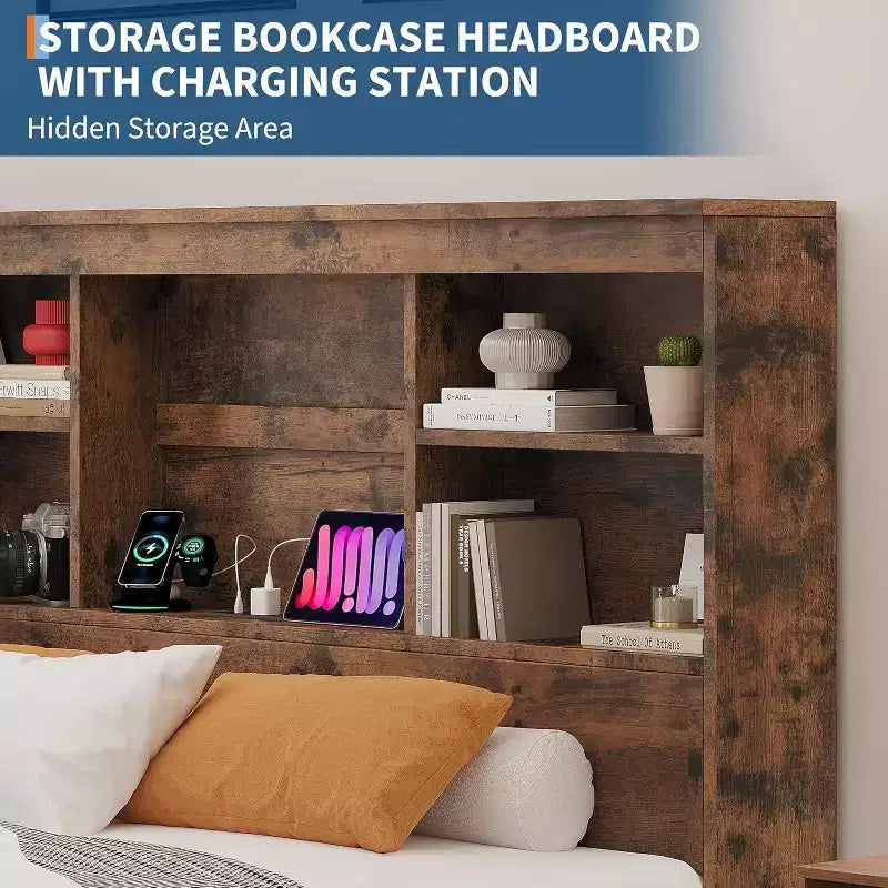 Acekool Full Bed Frame - 51 Storage Headboard with Charging Station