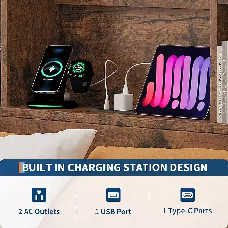 Acekool Full Bed Frame - 51 Storage Headboard with Charging Station
