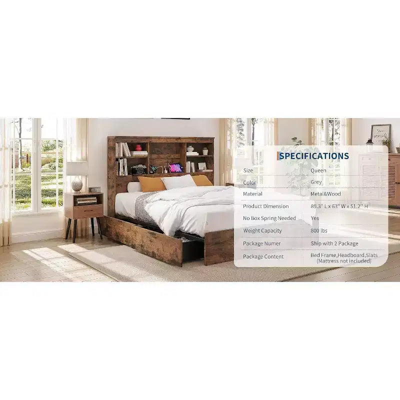 Acekool Full Bed Frame - 51 Storage Headboard with Charging Station
