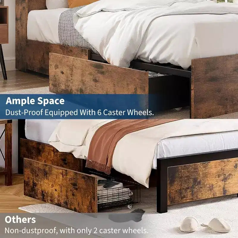 Acekool Vintage Storage Bed - Bookcase Headboard & 4 Drawers