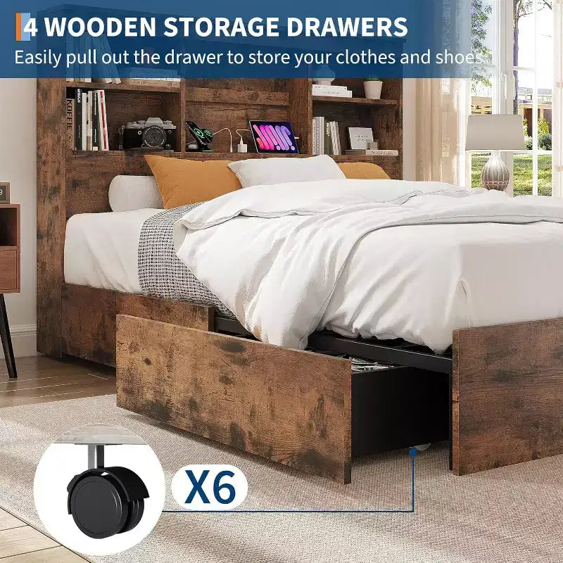 Acekool Vintage Storage Bed - Bookcase Headboard & 4 Drawers