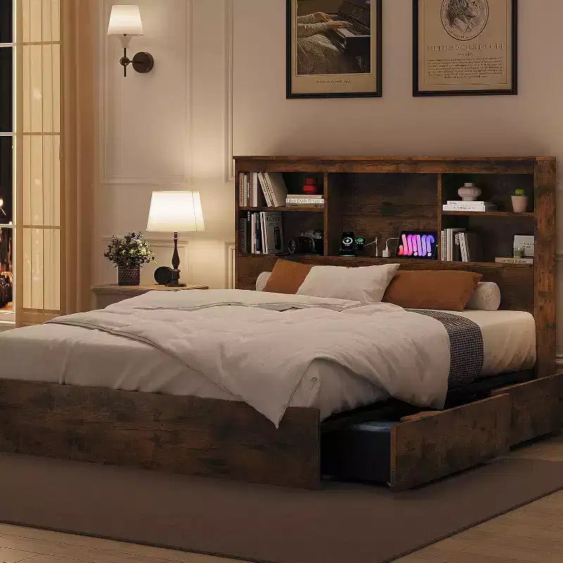 Acekool Vintage Storage Bed - Bookcase Headboard & 4 Drawers
