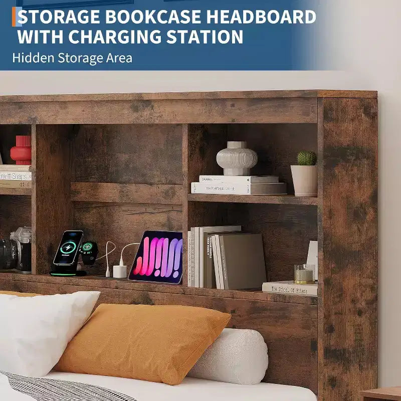 Acekool Vintage Storage Bed - Bookcase Headboard & 4 Drawers