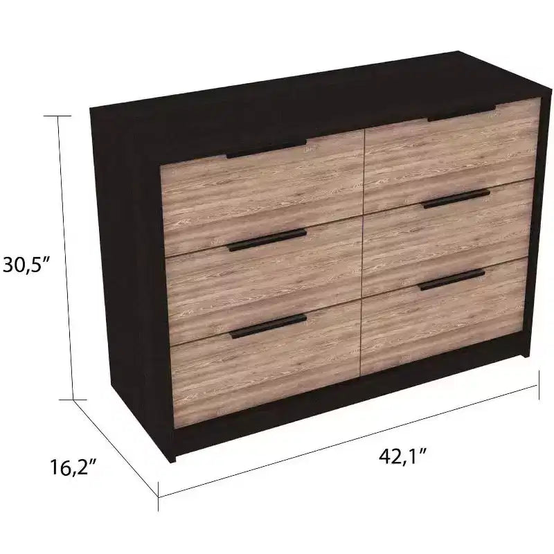 Okak Modern 6-Drawer Dresser 2-Tone Storage with 4 Full-Extension Drawers & 2 Pull-Down Cabinets, Rectangle Bedroom Organizer