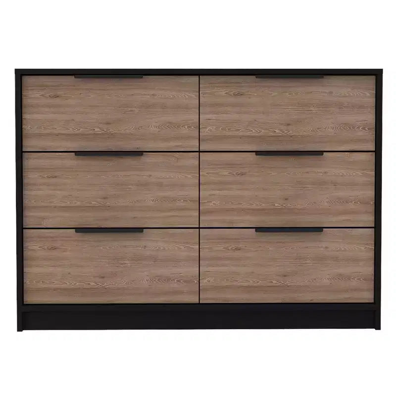 Okak Modern 6-Drawer Dresser 2-Tone Storage with 4 Full-Extension Drawers & 2 Pull-Down Cabinets, Rectangle Bedroom Organizer