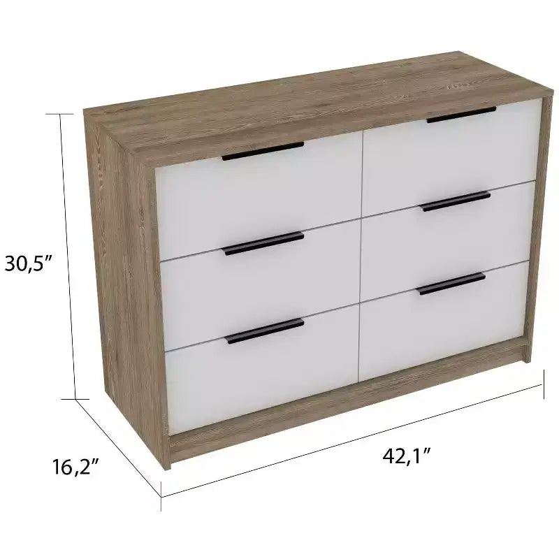 Okak Modern 6-Drawer Dresser 2-Tone Storage with 4 Full-Extension Drawers & 2 Pull-Down Cabinets, Rectangle Bedroom Organizer