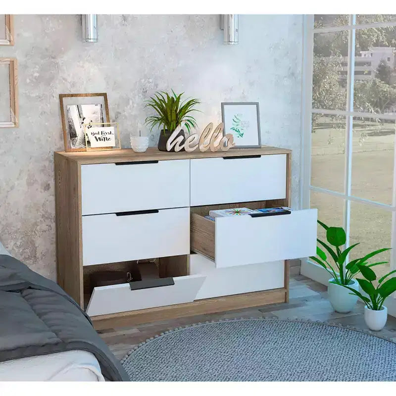 Okak Modern 6-Drawer Dresser 2-Tone Storage with 4 Full-Extension Drawers & 2 Pull-Down Cabinets, Rectangle Bedroom Organizer