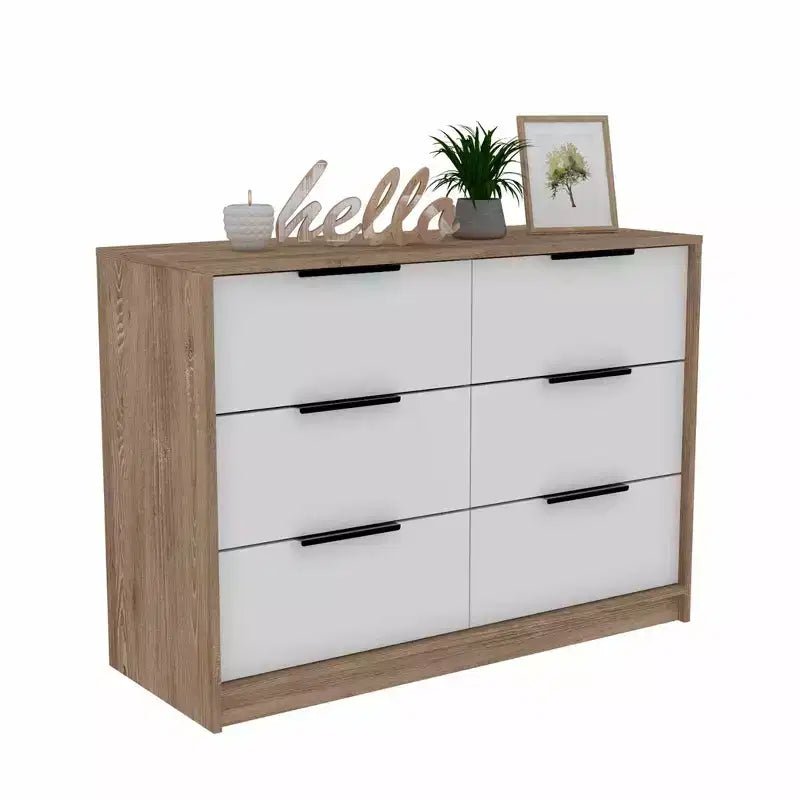 Okak Modern 6-Drawer Dresser 2-Tone Storage with 4 Full-Extension Drawers & 2 Pull-Down Cabinets, Rectangle Bedroom Organizer