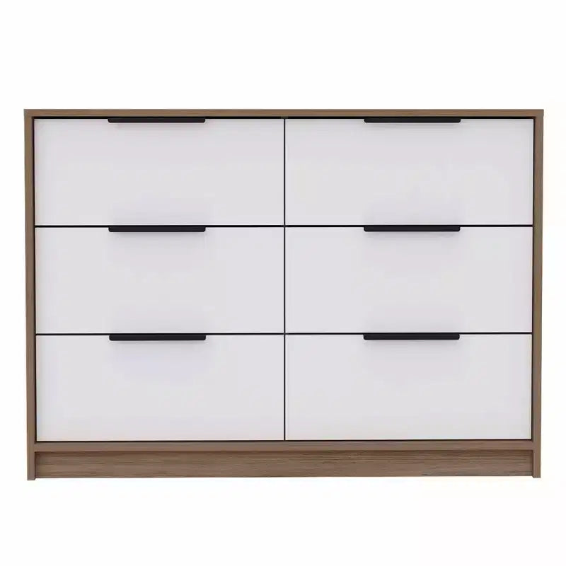 Okak Modern 6-Drawer Dresser 2-Tone Storage with 4 Full-Extension Drawers & 2 Pull-Down Cabinets, Rectangle Bedroom Organizer