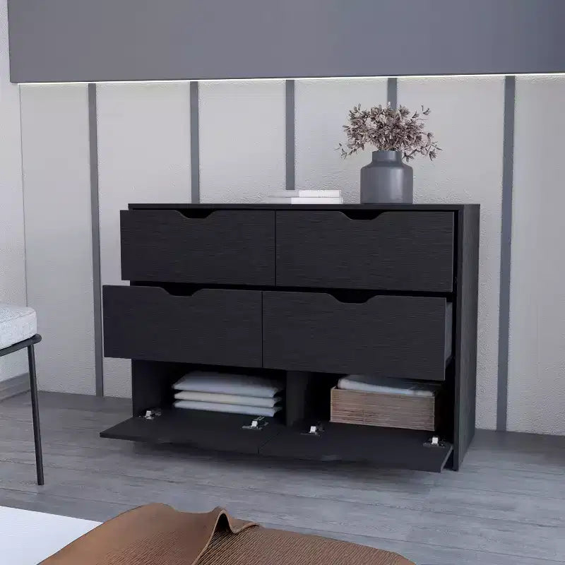 Okak Modern 6-Drawer Dresser 2-Tone Storage with 4 Full-Extension Drawers & 2 Pull-Down Cabinets, Rectangle Bedroom Organizer