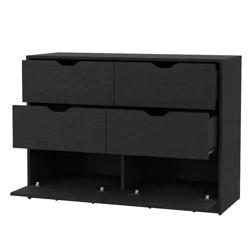 Okak Modern 6-Drawer Dresser 2-Tone Storage with 4 Full-Extension Drawers & 2 Pull-Down Cabinets, Rectangle Bedroom Organizer